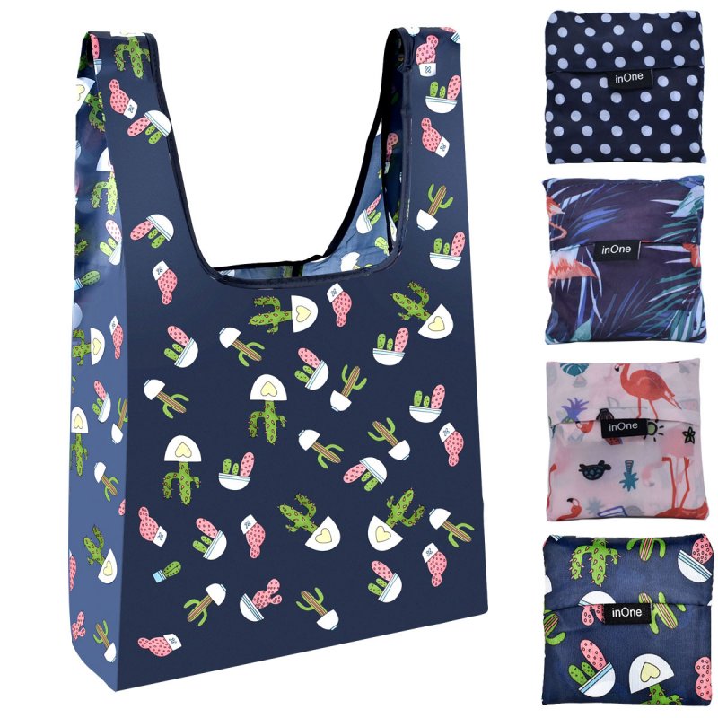 INONE 2019 Women Foldable Eco Shopping Bag Tote Pouch Portable Reusable Grocery Storage Bag Cactus Flamingo Dots Free Shipping