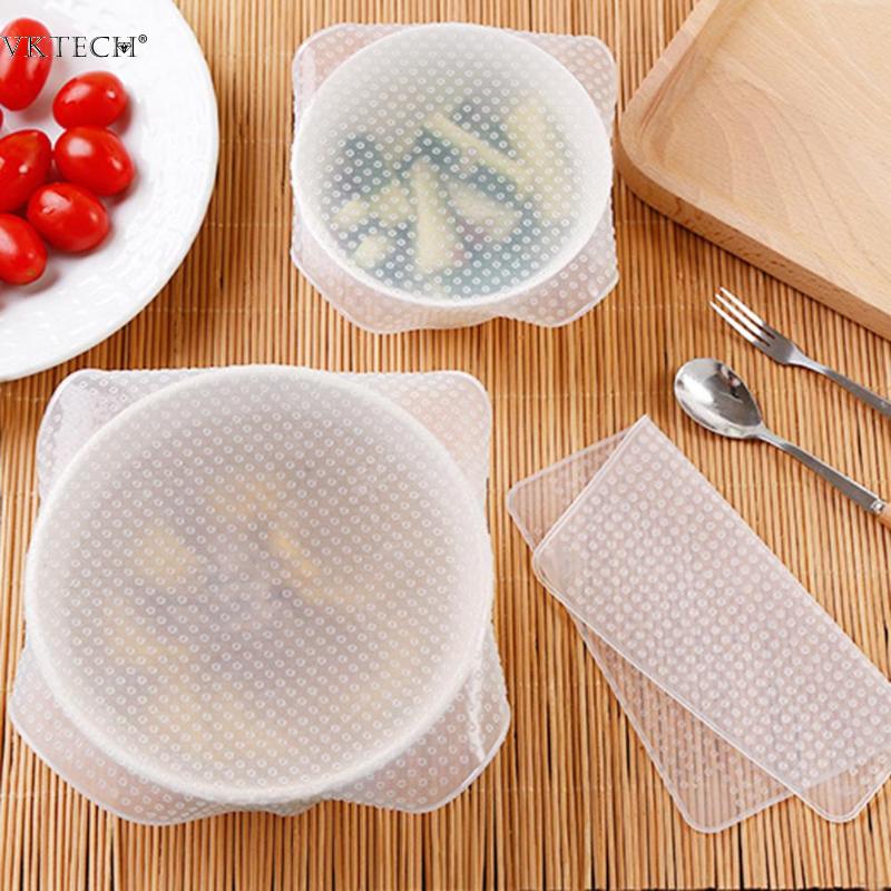4pcs Reusable Silicone Caps Food Fresh Keeping Stretch Wrap Seal Film Bowl Cover Home Storage Organization Kitchen Tools 3 Sizes