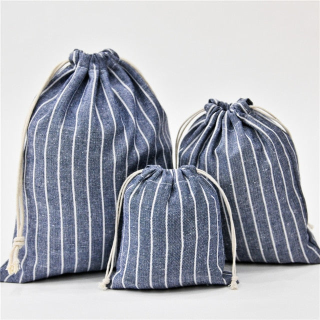New Hot Retro Women Cotton Drawstring Shopping Striped Bag Fashion Eco Reusable Folding Grocery Cloth Underwear Pouch Case