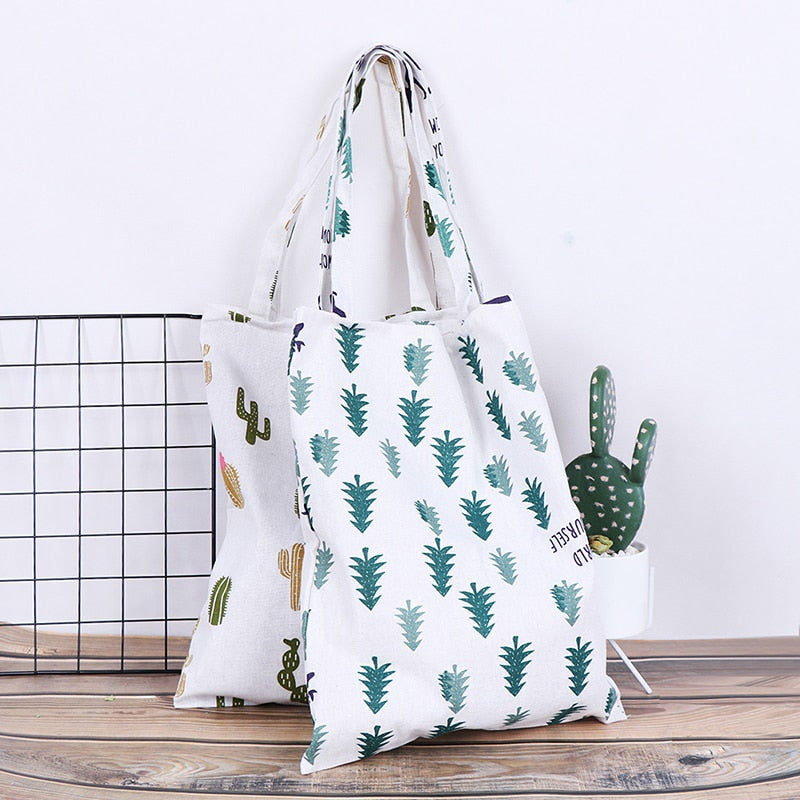 1PCS Cotton Linen Eco Shopping Tote Shoulder Bag Fashion Durable Cactus Tree Printed Shopping Bags 30*42cm