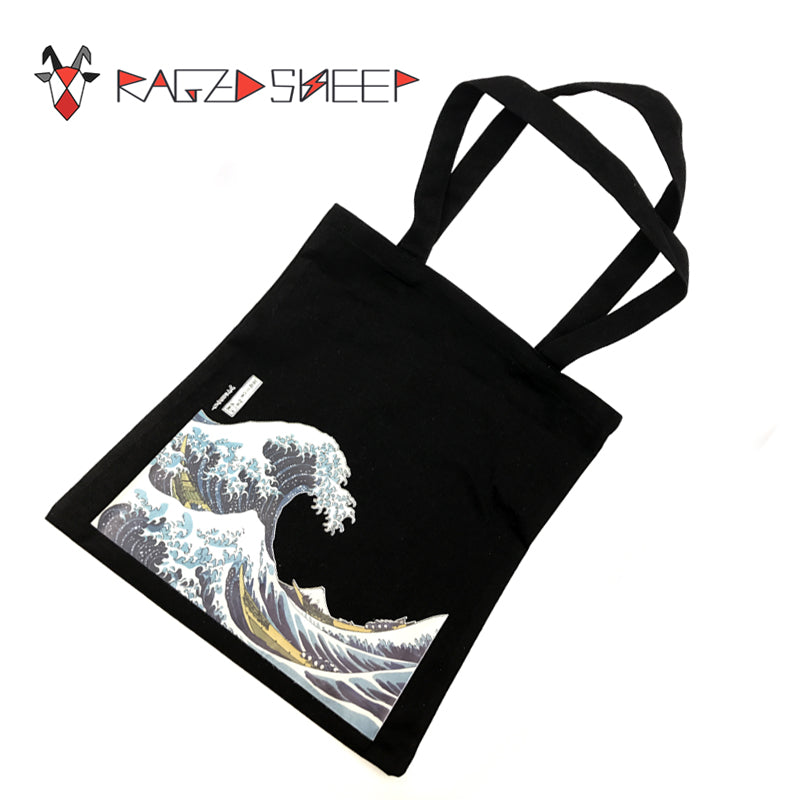 Raged Sheep Fashion Cotton Grocery Tote Shopping Bags Folding Shopping Cart Eco Grab Reusable Bag With Sea Wave Print